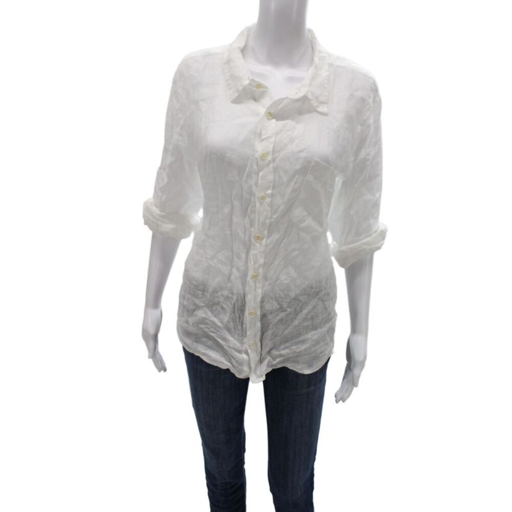 Shirt Womens Linen Collared Long Sleeve Button Up White Basic Beach Size L